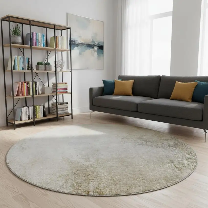 8' Taupe And Ivory Abstract Washable Round Rug With UV Protection Photo 2