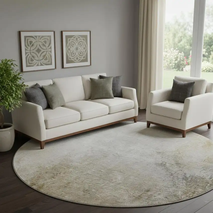 8' Taupe And Ivory Abstract Washable Round Rug With UV Protection Photo 1