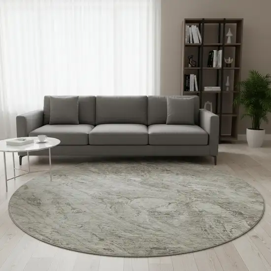 8' Taupe And Ivory Abstract Washable Round Rug With UV Protection Photo 2