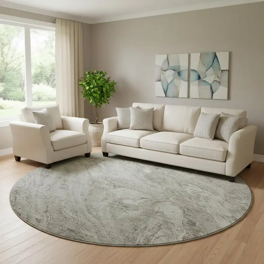 8' Taupe And Ivory Abstract Washable Round Rug With UV Protection Photo 1