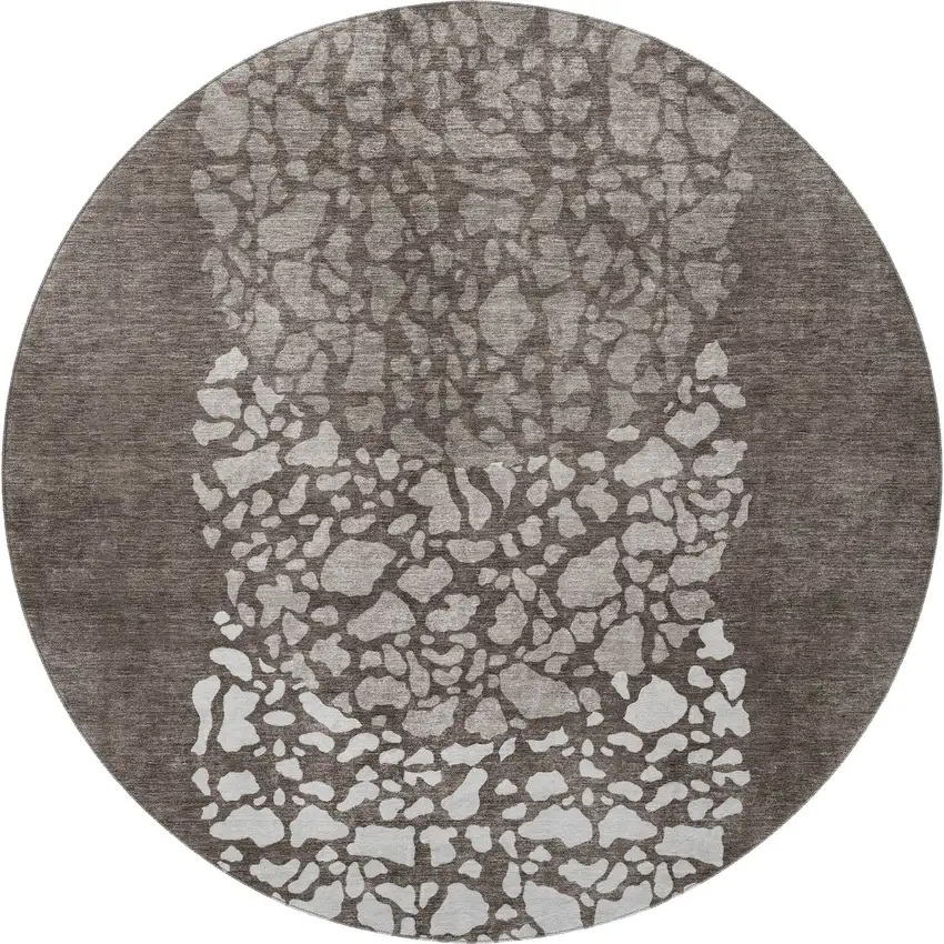 8' Taupe And Ivory Abstract Washable Round Rug With UV Protection Photo 4