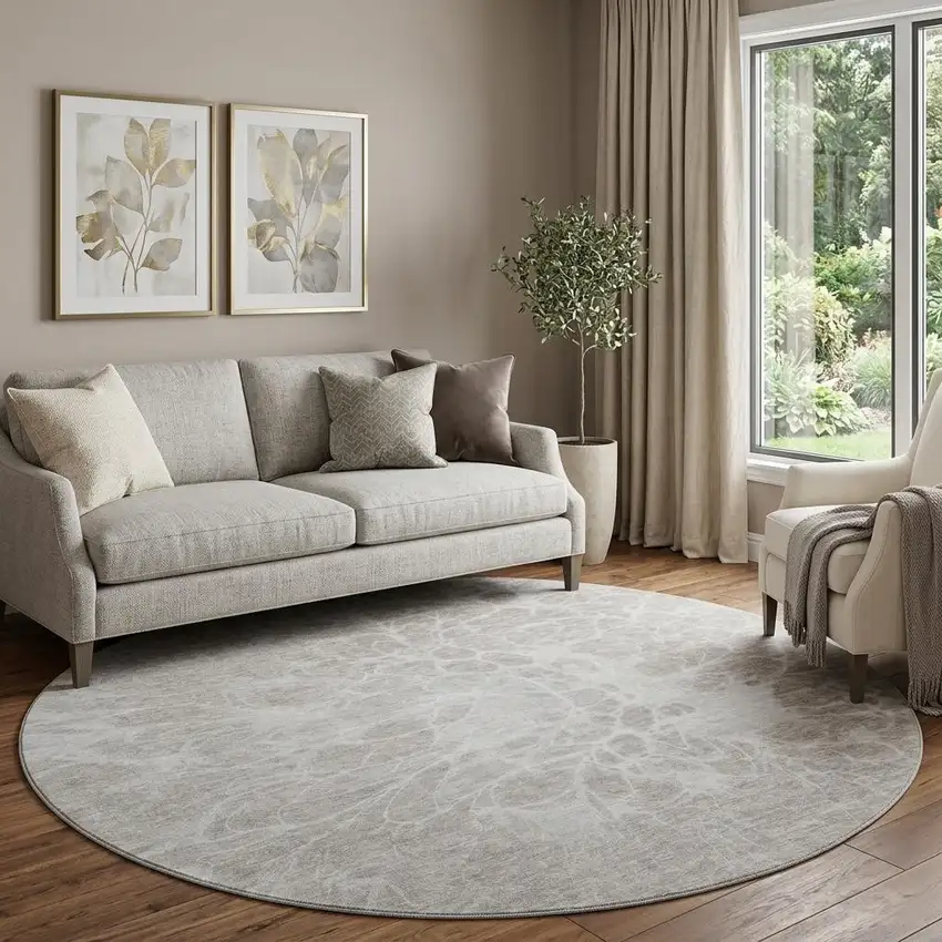8' Taupe And Ivory Abstract Washable Round Rug With UV Protection Photo 1