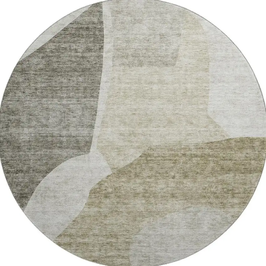 8' Taupe And Ivory Abstract Washable Round Rug With UV Protection Photo 3