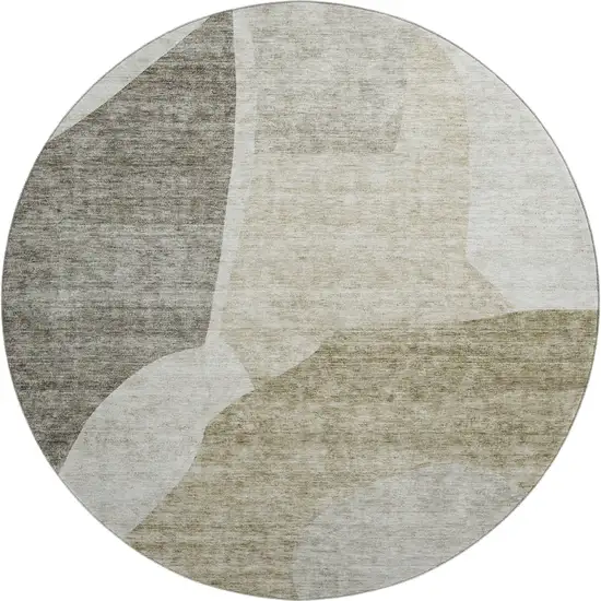 8' Taupe And Ivory Abstract Washable Round Rug With UV Protection Photo 1