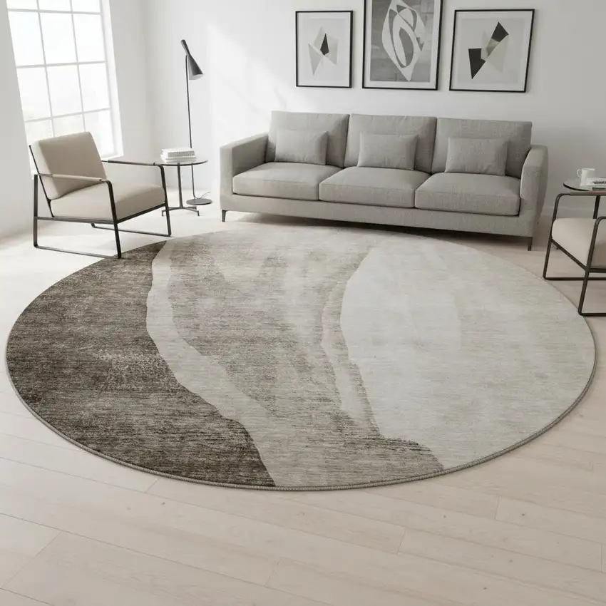 8' Taupe And Ivory Abstract Washable Round Rug With UV Protection Photo 2