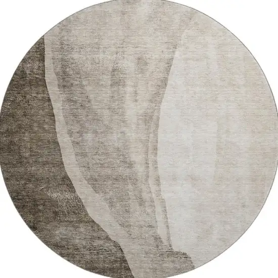 8' Taupe And Ivory Abstract Washable Round Rug With UV Protection Photo 3