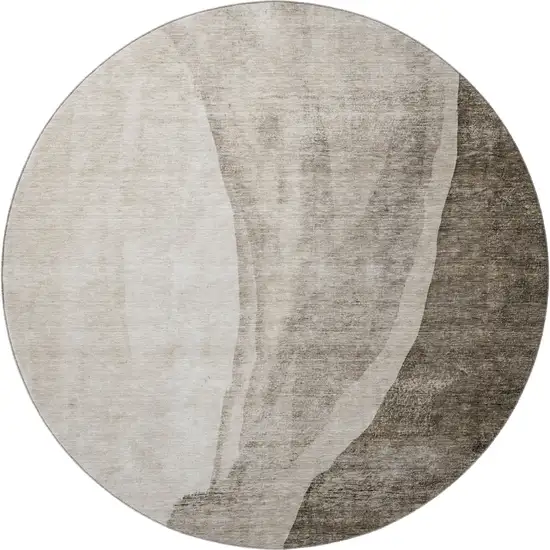 8' Taupe And Ivory Abstract Washable Round Rug With UV Protection Photo 4