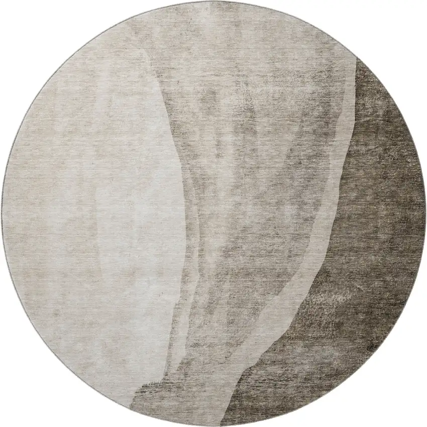8' Taupe And Ivory Abstract Washable Round Rug With UV Protection Photo 4