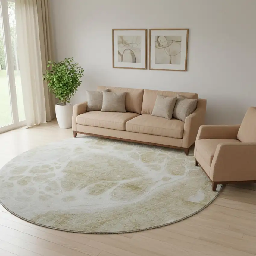 8' Taupe And Ivory Abstract Washable Round Rug With UV Protection Photo 1