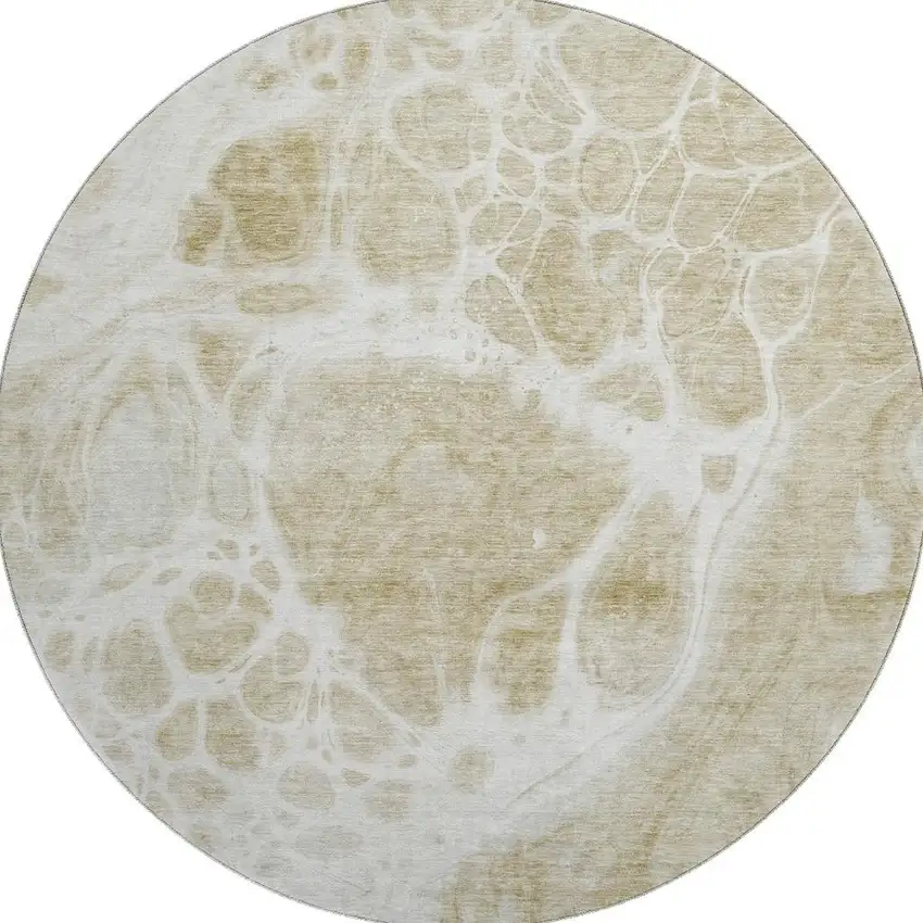 8' Taupe And Ivory Abstract Washable Round Rug With UV Protection Photo 3