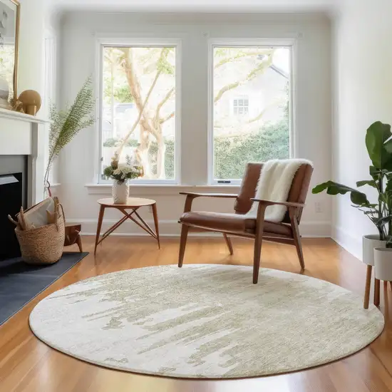 8' Taupe And Ivory Abstract Washable Round Rug With UV Protection Photo 4