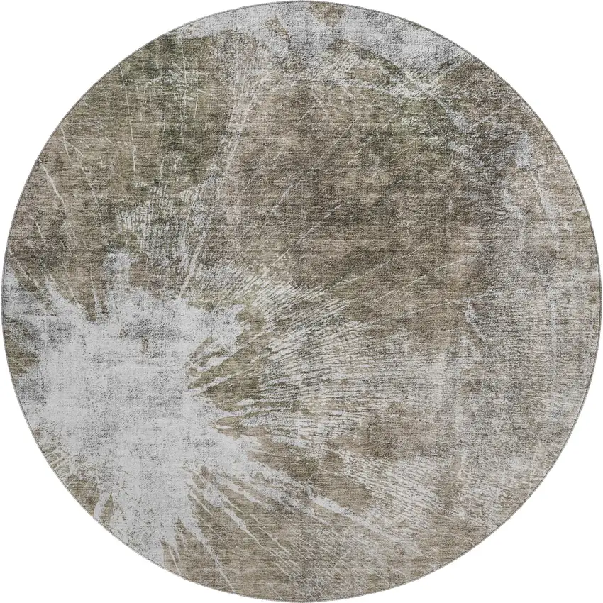 8' Taupe And Ivory Abstract Washable Round Rug With UV Protection Photo 1