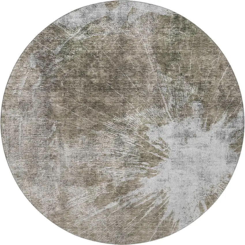 8' Taupe And Ivory Abstract Washable Round Rug With UV Protection Photo 3