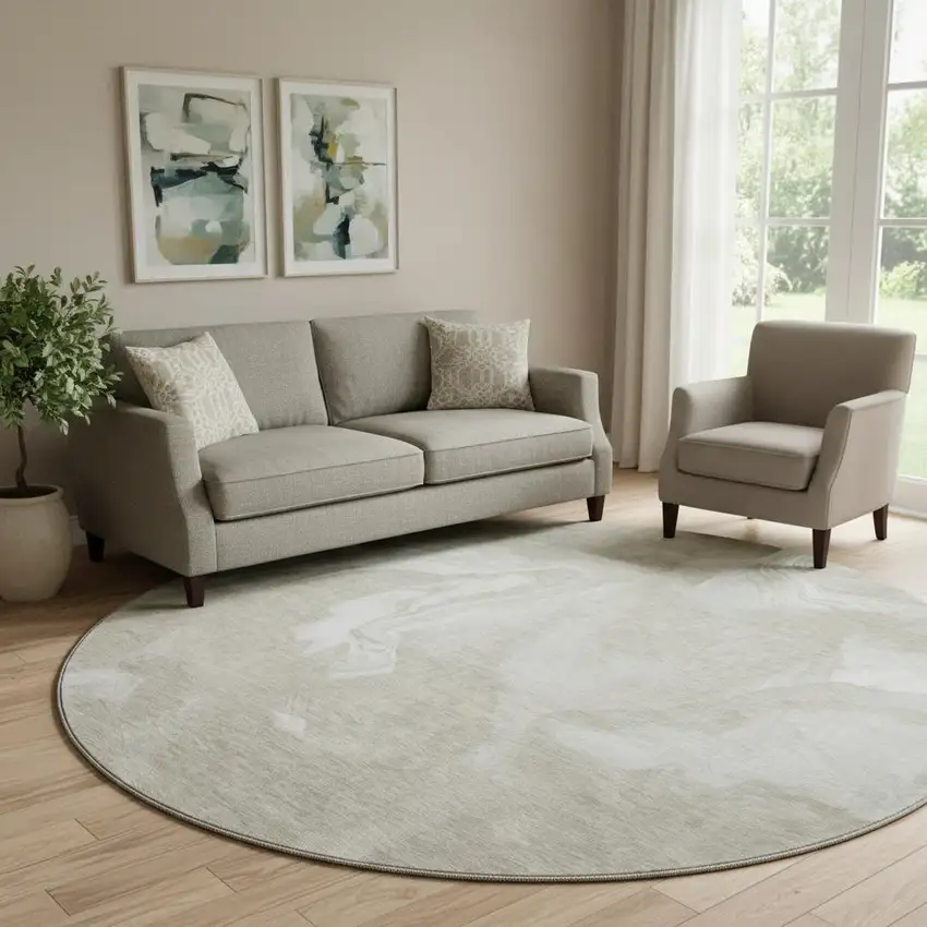 8' Taupe And Ivory Abstract Washable Round Rug With UV Protection Photo 1