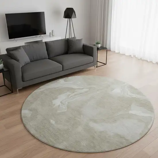 8' Taupe And Ivory Abstract Washable Round Rug With UV Protection Photo 2