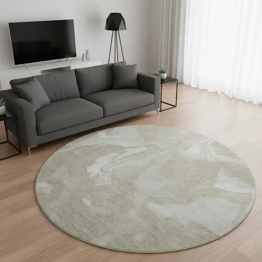 8' Taupe And Ivory Abstract Washable Round Rug With UV Protection Photo 2