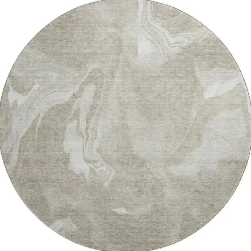8' Taupe And Ivory Abstract Washable Round Rug With UV Protection Photo 3