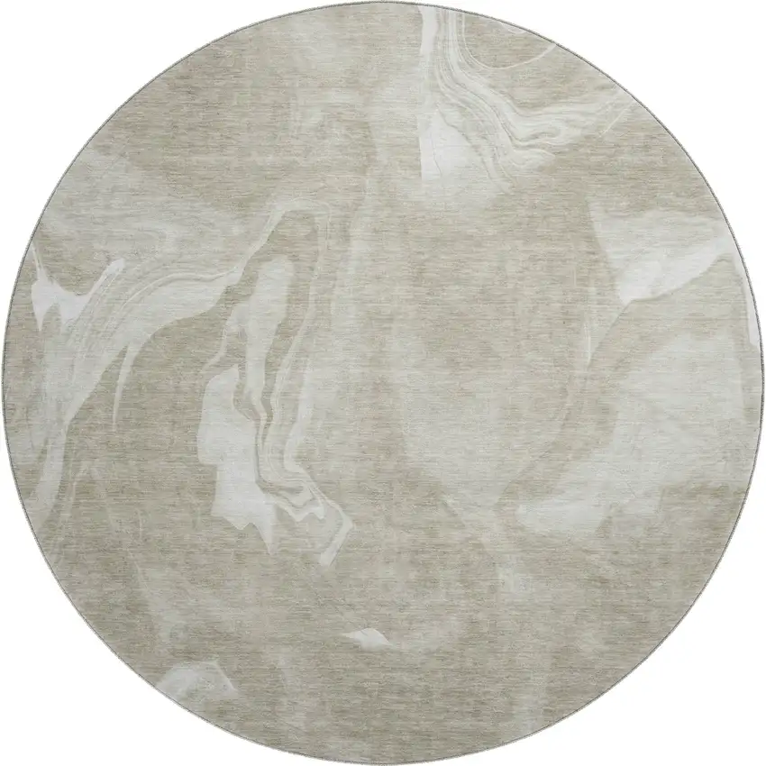 8' Taupe And Ivory Abstract Washable Round Rug With UV Protection Photo 1
