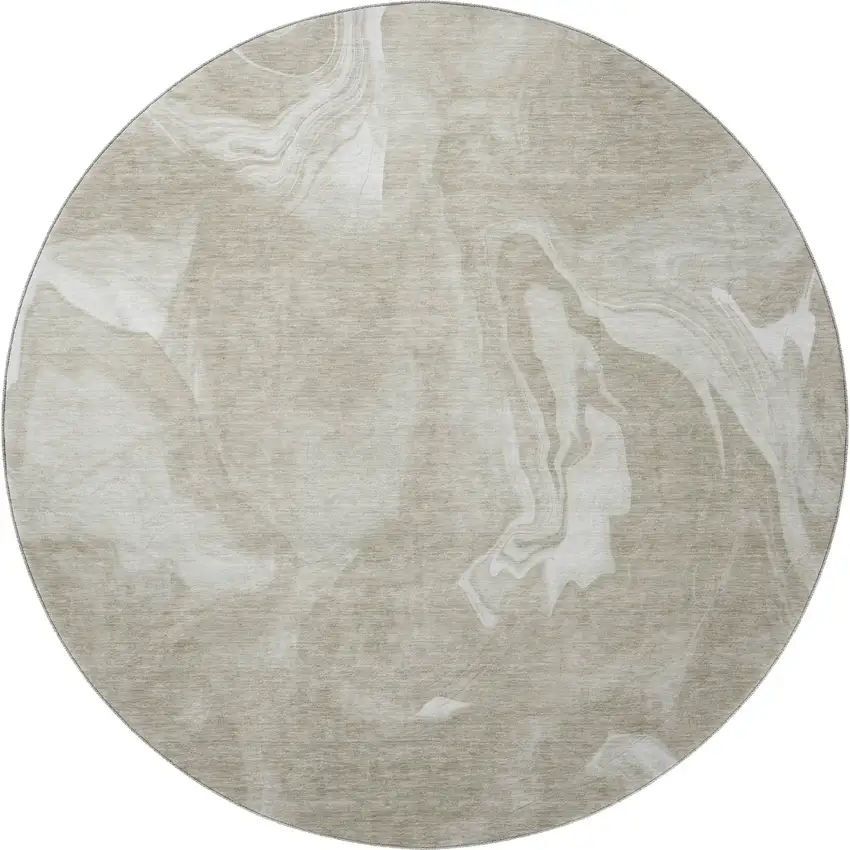 8' Taupe And Ivory Abstract Washable Round Rug With UV Protection Photo 4