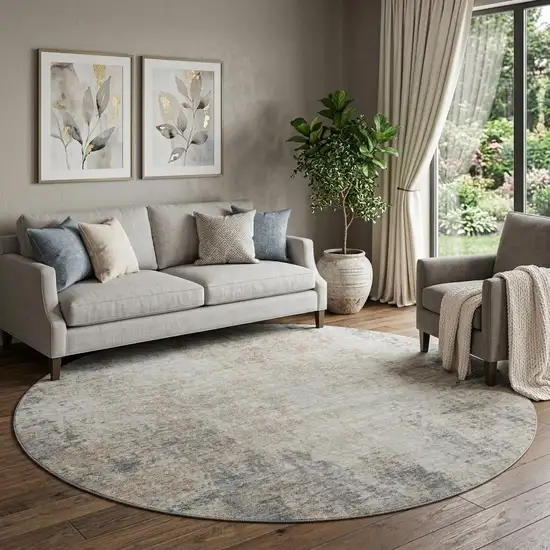 8' Taupe And Ivory Abstract Washable Round Rug With UV Protection Photo 1