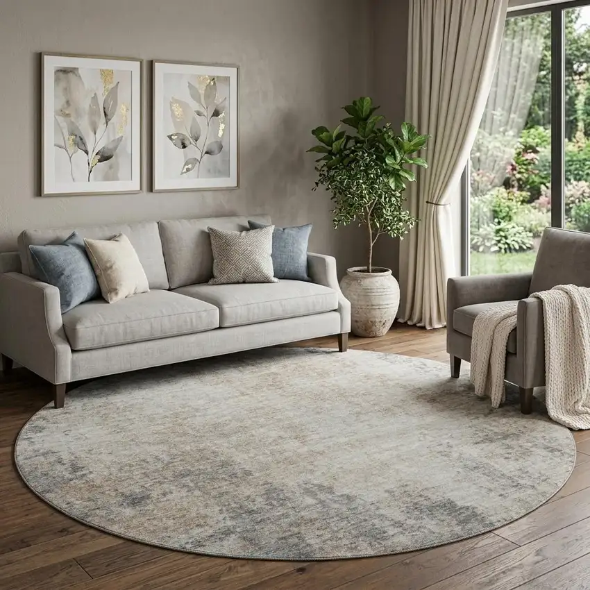 8' Taupe And Ivory Abstract Washable Round Rug With UV Protection Photo 1
