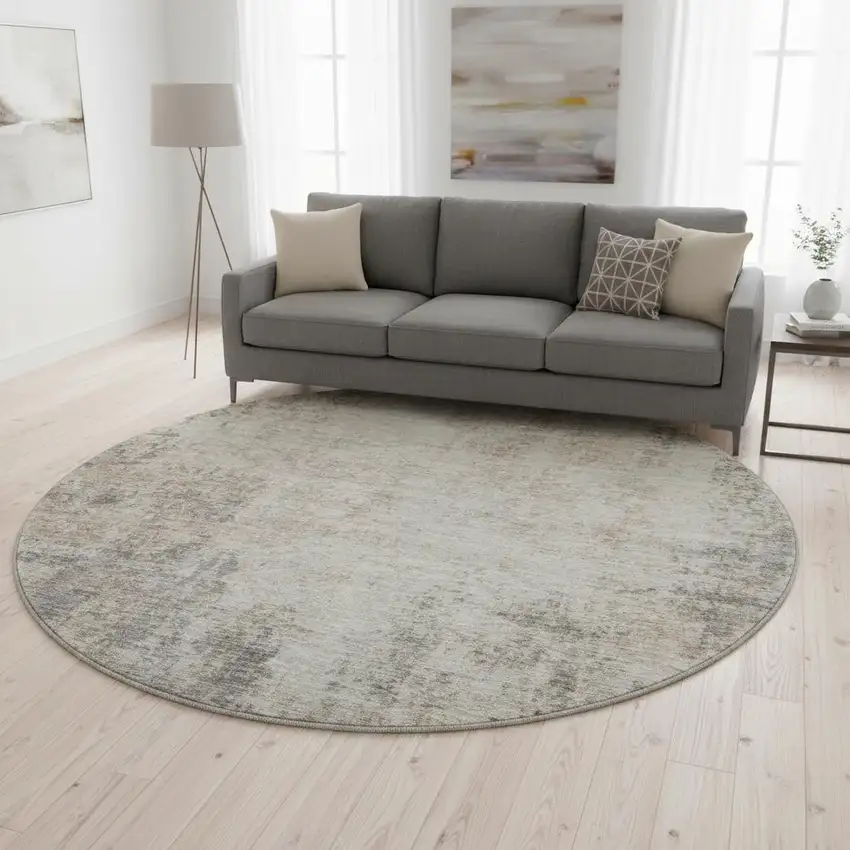 8' Taupe And Ivory Abstract Washable Round Rug With UV Protection Photo 2