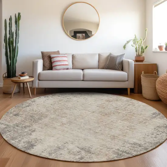 8' Taupe And Ivory Abstract Washable Round Rug With UV Protection Photo 4