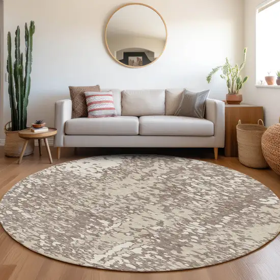 8' Taupe And Ivory Abstract Washable Round Rug With UV Protection Photo 3