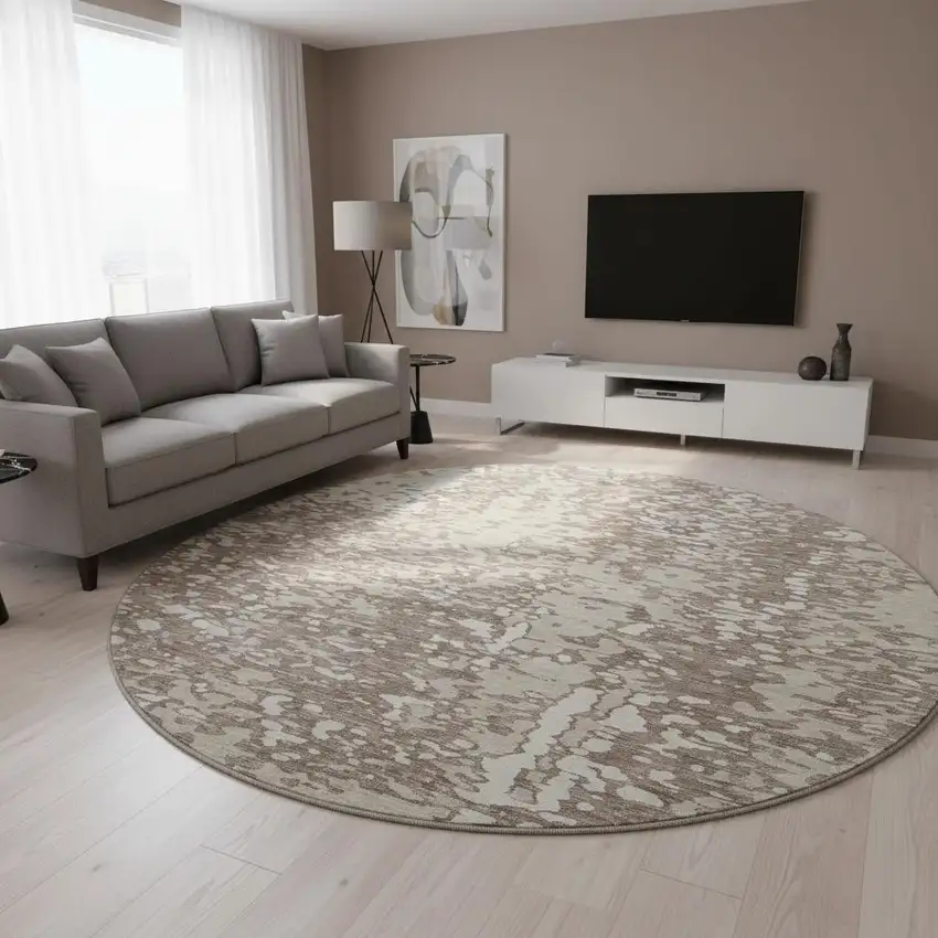 8' Taupe And Ivory Abstract Washable Round Rug With UV Protection Photo 2