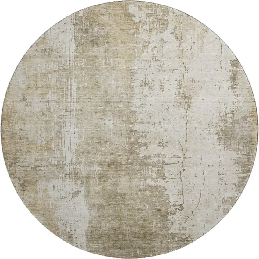 8' Taupe And Ivory Abstract Washable Round Rug With UV Protection Photo 1