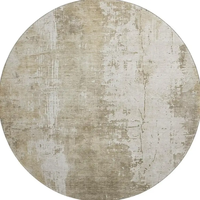 8' Taupe And Ivory Abstract Washable Round Rug With UV Protection Photo 2