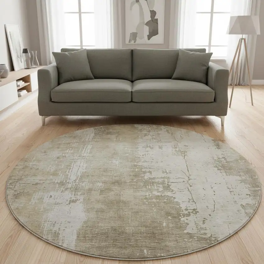 8' Taupe And Ivory Abstract Washable Round Rug With UV Protection Photo 2