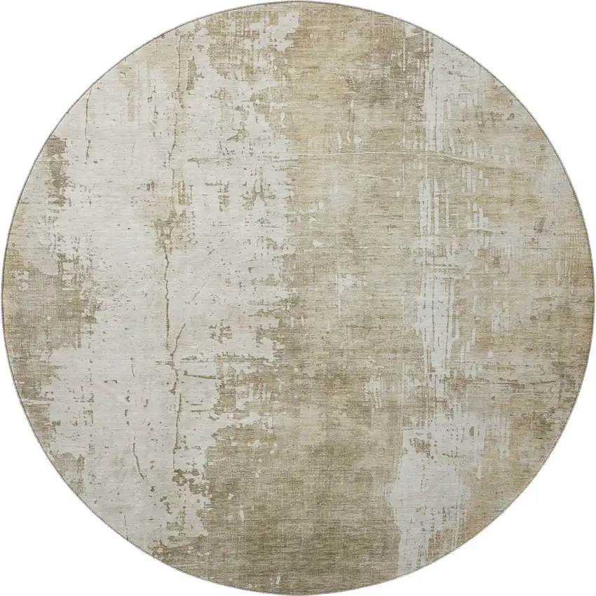 8' Taupe And Ivory Abstract Washable Round Rug With UV Protection Photo 3