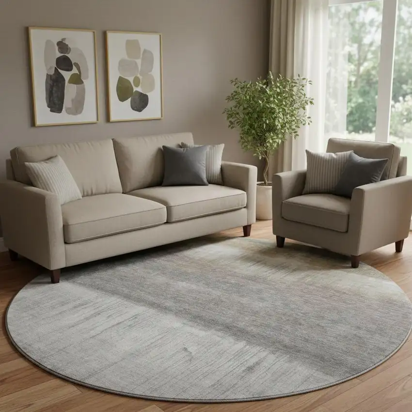 8' Taupe And Ivory Abstract Washable Round Rug With UV Protection Photo 2