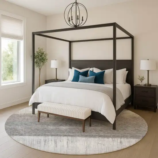 8' Taupe And Ivory Abstract Washable Round Rug With UV Protection Photo 5