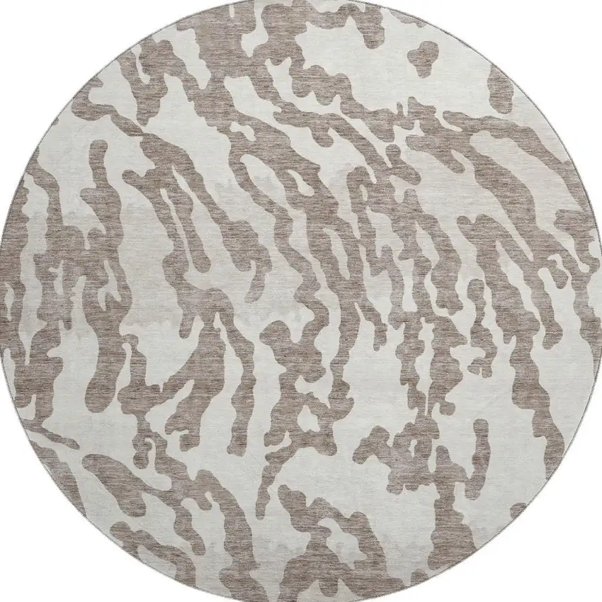 8' Taupe And Ivory Animal Print Washable Round Rug With UV Protection Photo 4