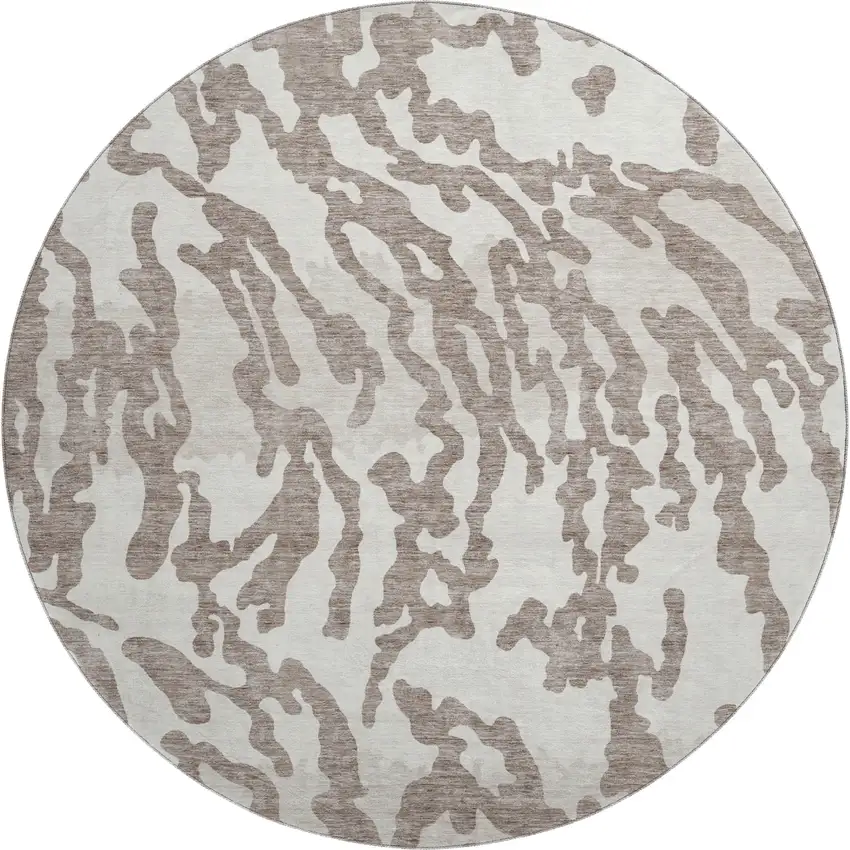 8' Taupe And Ivory Animal Print Washable Round Rug With UV Protection Photo 1