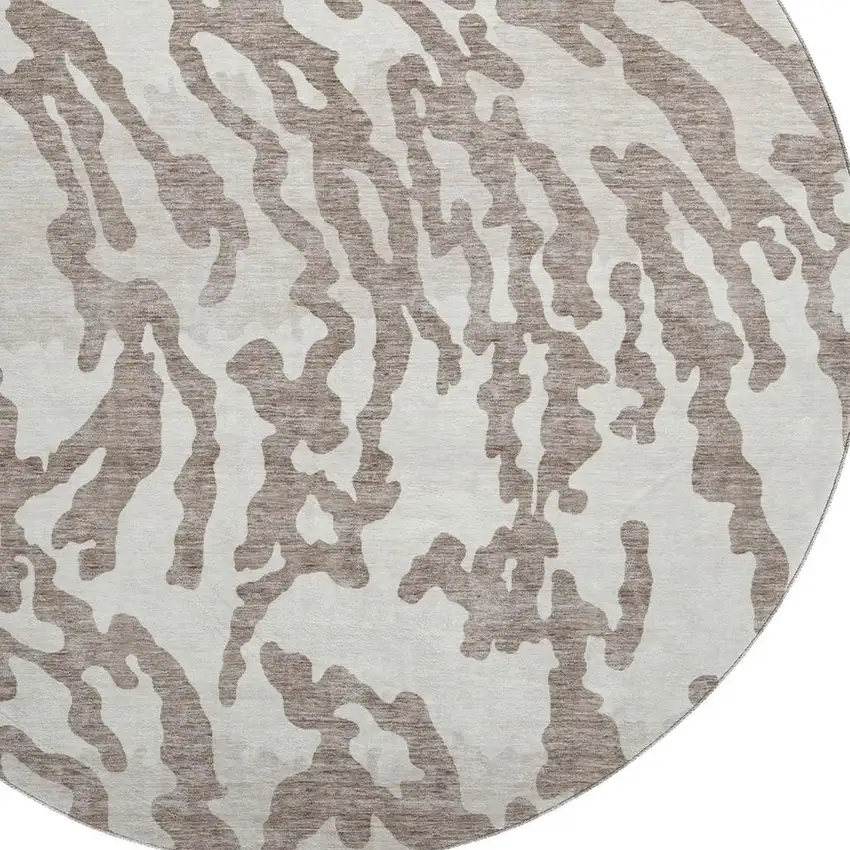 8' Taupe And Ivory Animal Print Washable Round Rug With UV Protection Photo 3