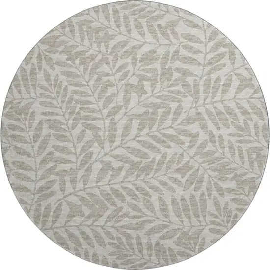 8' Taupe And Ivory Botanical Leaves Washable Round Rug With UV Protection Photo 2
