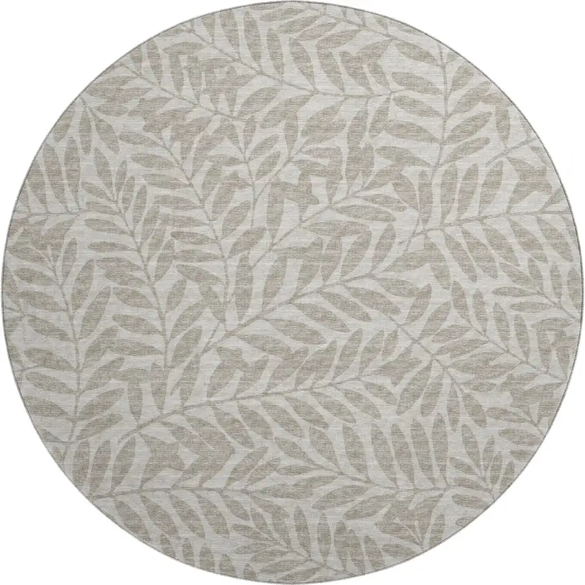 8' Taupe And Ivory Botanical Leaves Washable Round Rug With UV Protection Photo 2