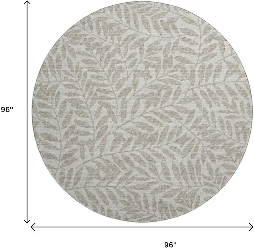8' Taupe And Ivory Botanical Leaves Washable Round Rug With UV Protection Photo 3