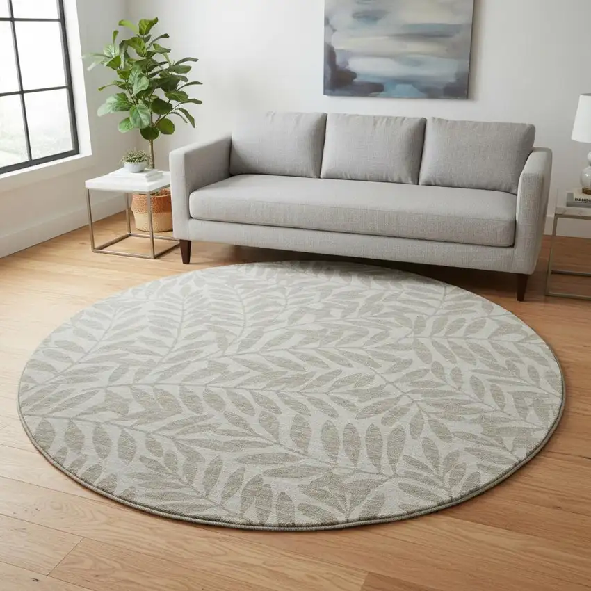 8' Taupe And Ivory Botanical Leaves Washable Round Rug With UV Protection Photo 1