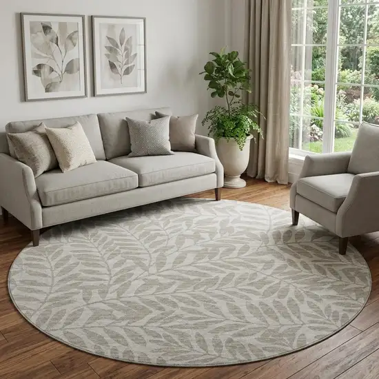 8' Taupe And Ivory Botanical Leaves Washable Round Rug With UV Protection Photo 1