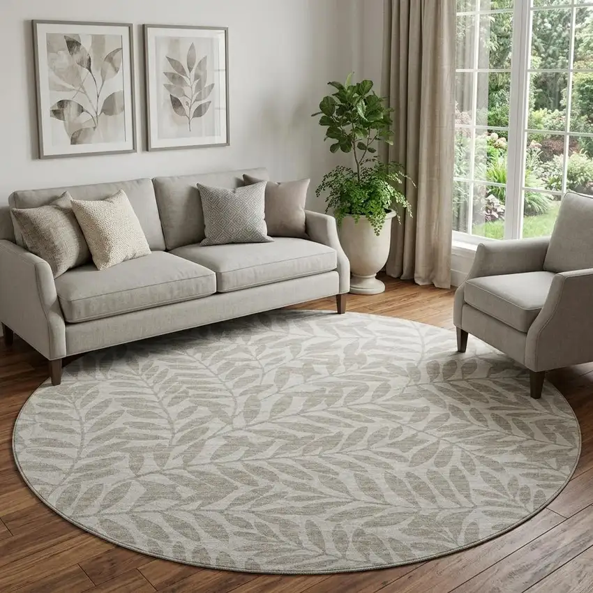 8' Taupe And Ivory Botanical Leaves Washable Round Rug With UV Protection Photo 1