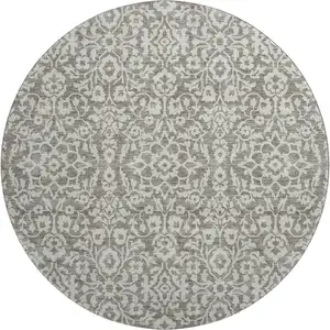 Photo of 8' Taupe And Ivory Damask Washable Round Rug With UV Protection