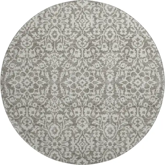 8' Taupe And Ivory Damask Washable Round Rug With UV Protection Photo 1