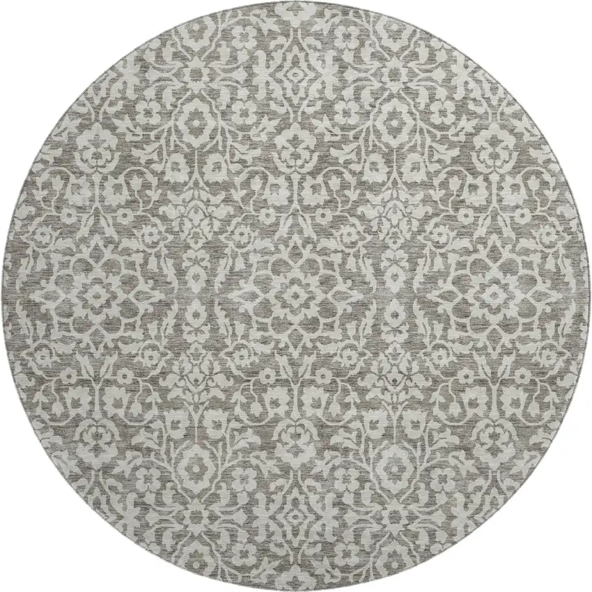 8' Taupe And Ivory Damask Washable Round Rug With UV Protection Photo 1