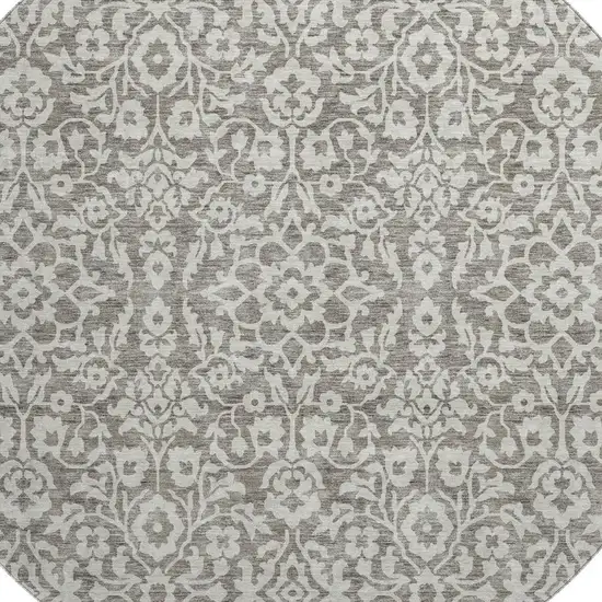 8' Taupe And Ivory Damask Washable Round Rug With UV Protection Photo 3