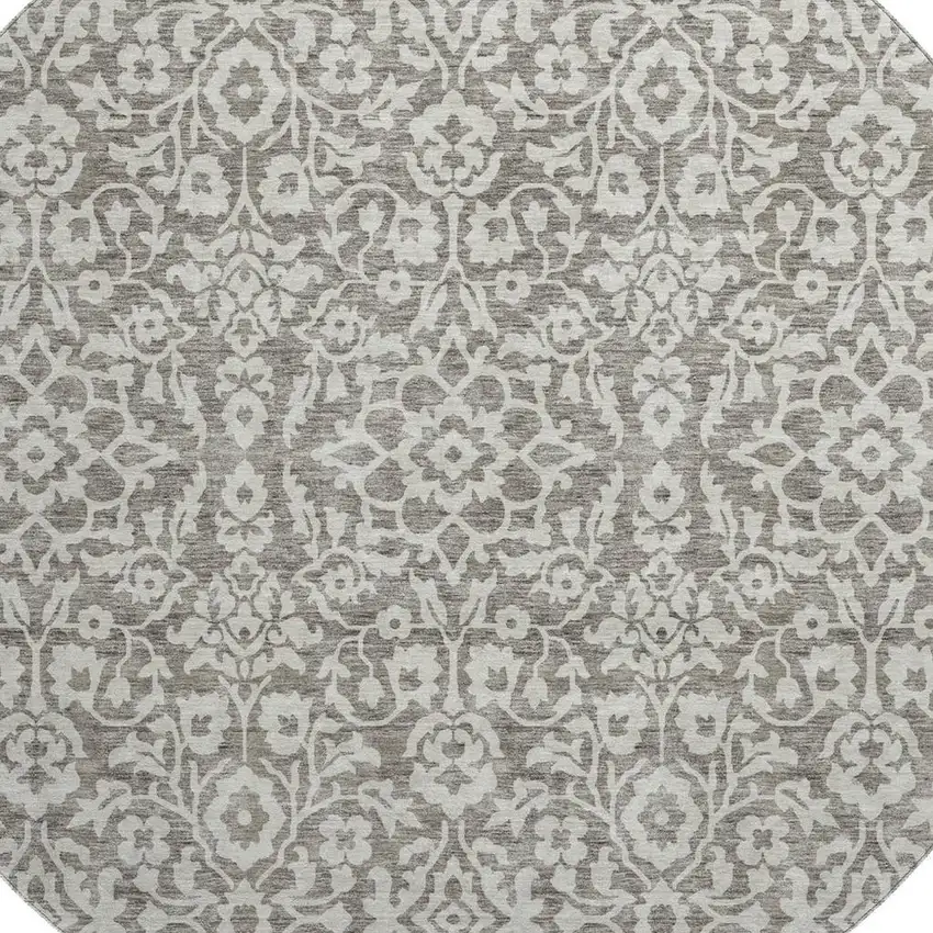 8' Taupe And Ivory Damask Washable Round Rug With UV Protection Photo 3