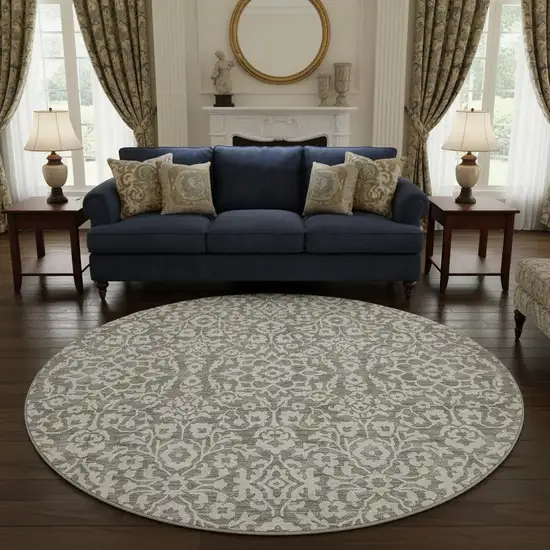 8' Taupe And Ivory Damask Washable Round Rug With UV Protection Photo 2